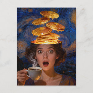 Carte Postale Petit déjeuner surréaliste pancakes café femme sur