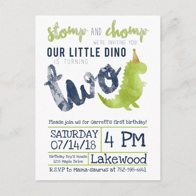 Carte Postale Petit Dino 2e Anniversaire Thème Dinosaure Garçon  (Devant)