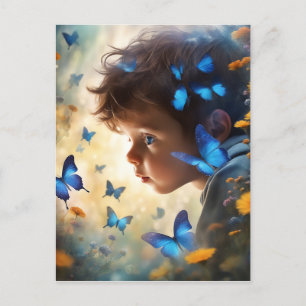 Carte Postale Petit garçon mignon et papillon bleu