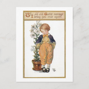 Carte Postale Petit garçon Vintage mignon avec Lys de Pâques