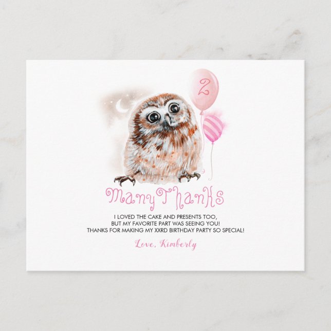 Carte Postale Petit hibou Merci d'anniversaire (Devant)