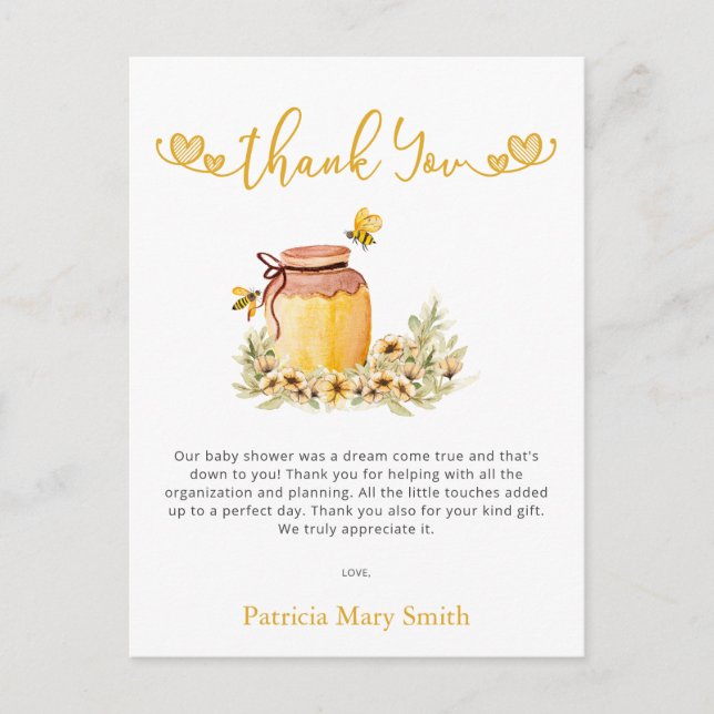 Carte Postale Petit Merci de Baby shower d'abeille à miel (Devant)