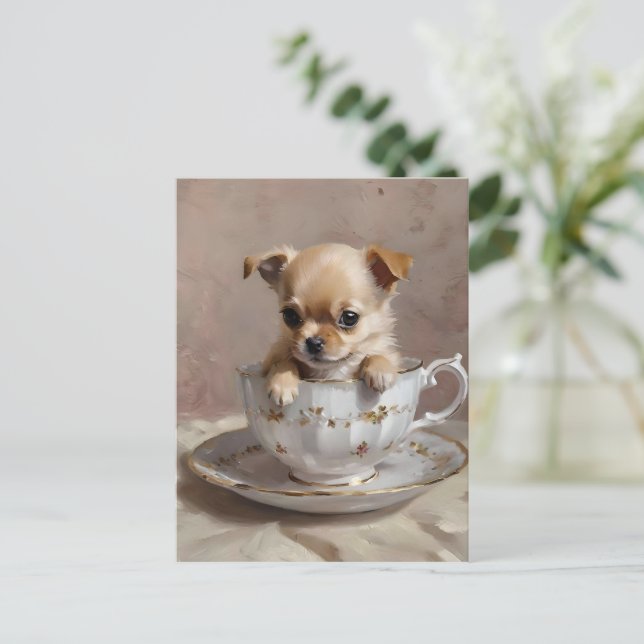Carte Postale Petit plaisir : Chihuahua chiuppy dans un Teacup, (Debout devant)