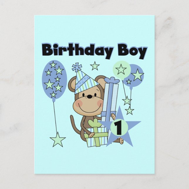 Carte Postale Petit Singe Avec Cadeaux 1er anniversaire (Devant)