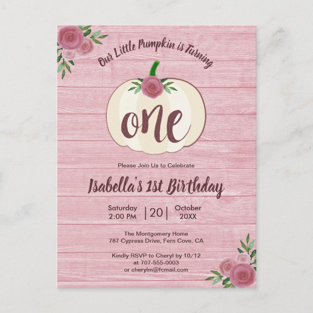 Carte Postale Petite Citrouille rose 1er Anniversaire Fête Invit (Devant)