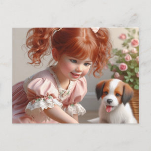 Carte Postale Petite fille à la tête rouge avec son chiot