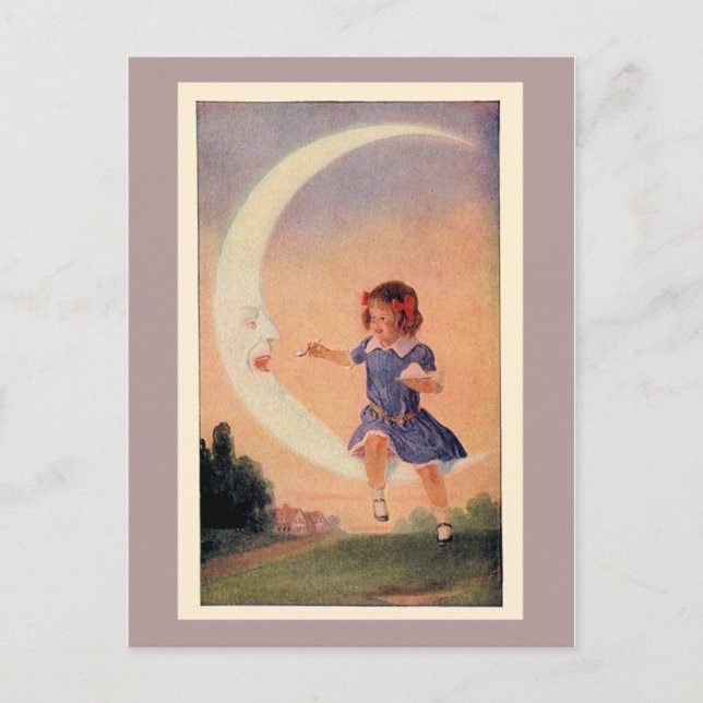 Carte Postale Petite fille assise sur la lune du croissant (Devant)