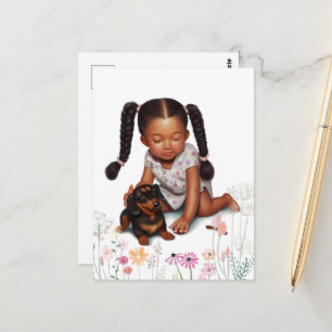 Carte Postale Petite fille au teint brun avec un chiot