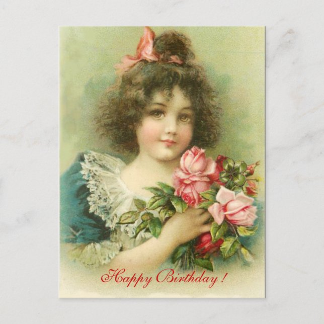 Carte Postale Petite fille aux roses roses roses Anniversaire (Devant)
