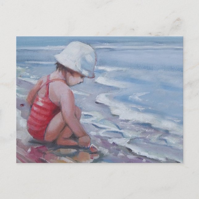 Carte Postale Petite fille avec casquette blanc à la plage (Devant)