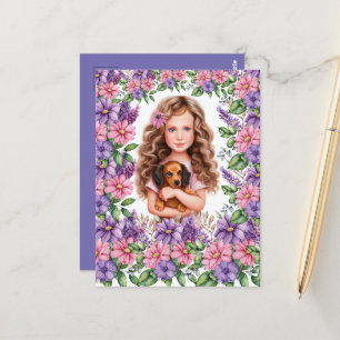 Carte Postale Petite fille avec chiot Dachshund