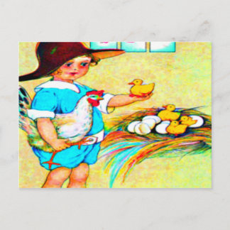 Carte Postale Petite fille dans un casquette avec des poussins à