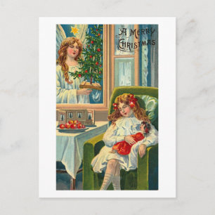 Carte Postale Petite fille et poupée, Ange dans la fenêtre