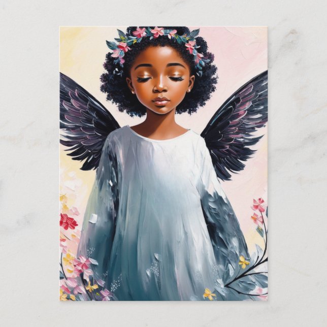 Carte Postale Petite fille noire Angel Floral Art (Devant)