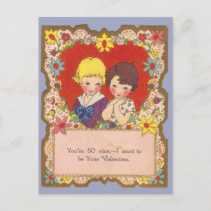 Carte Postale Petite fille vintage et garçon dans le coeur Valen