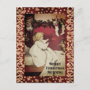 Carte Postale Petite Fille Vintage Noël Matin Père Noël