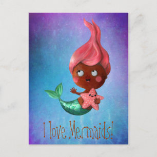 Carte Postale Petite Sirène mignonne aux cheveux roses