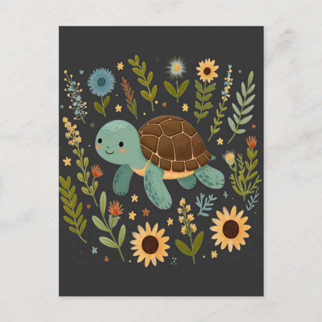 Carte Postale Petite tortue terrestre Fleur sauvage Été Graphiqu (Devant)