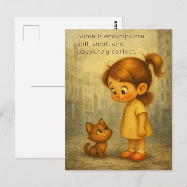 Carte Postale Petites et douces amitiés - Petite fille et chat (Devant / Derrière)