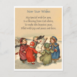 Carte Postale Petites filles autour de bonhomme de neige au Nouv