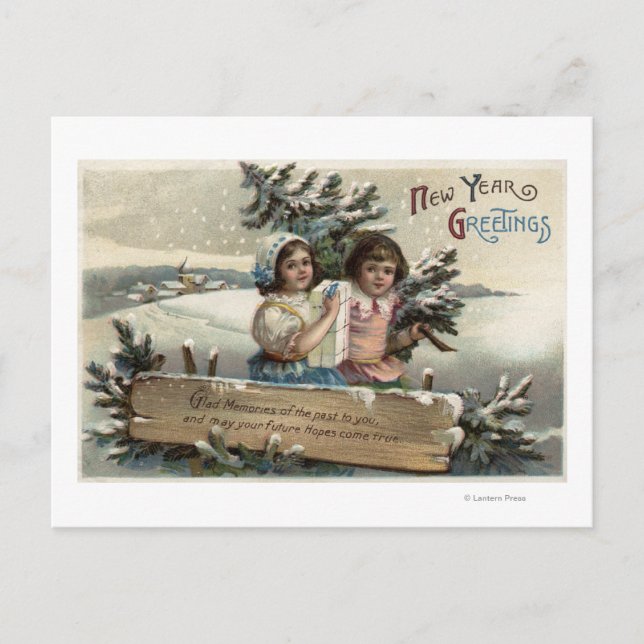 Carte Postale Petites filles tenant un présent et un arbre (Devant)