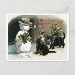 Carte Postale Petits chats autour du bonhomme de neige de Noël, 