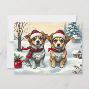 Carte Postale Petits chiens en hiver avant l'arrivée et l'hiver 