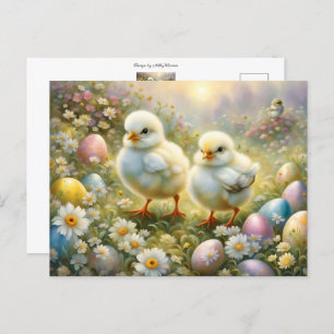 Carte Postale Petits poussins dans la prairie avec oeufs de Pâqu