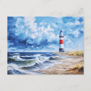 Carte Postale Phare blanc rouge de la côte de la mer Baltique. A
