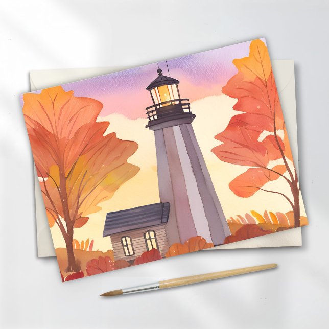 Carte Postale Phare d'automne | Aquarelle de feuillage d'automne (Créateur téléchargé)