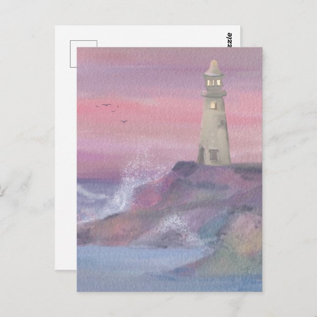 Carte Postale Phare de falaise côtière avec ciel rose (Devant / Derrière)