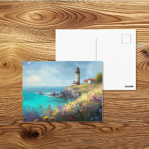 Carte Postale Phare de la falaise aux fleurs sauvages Art aquare