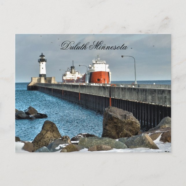Carte Postale Phare et navire, Duluth Minnesota (Devant)