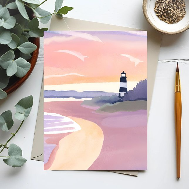 Carte Postale Phare Pastel | Aquarelle de la plage côtière (Créateur téléchargé)