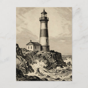 Carte Postale Phare rayé vintage côte orageuse
