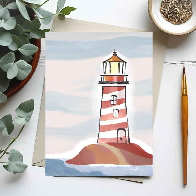 Carte Postale Phare rouge et blanc | Aquarelle de plage (Créateur téléchargé)