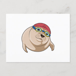 Carte Postale Phoque à la natation avec lunettes de natation