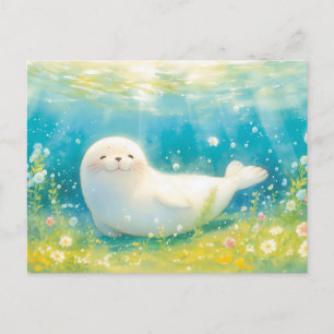 Carte Postale Phoque Blanc Souriant dans Océan Lumineux