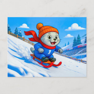 Carte Postale Phoque faisant de la luge dans une colline enneigé