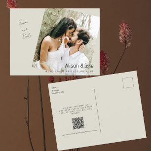 Carte Postale Photo Beige Enregistrer la date Code QR Mariage