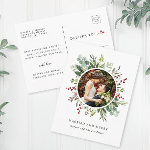 Carte Postale Photo botanique de Noël vert marié et joyeux