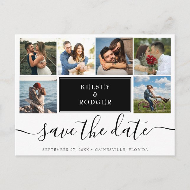 Carte Postale Photo Collage Mariage moderne Enregistrer la date (Devant)