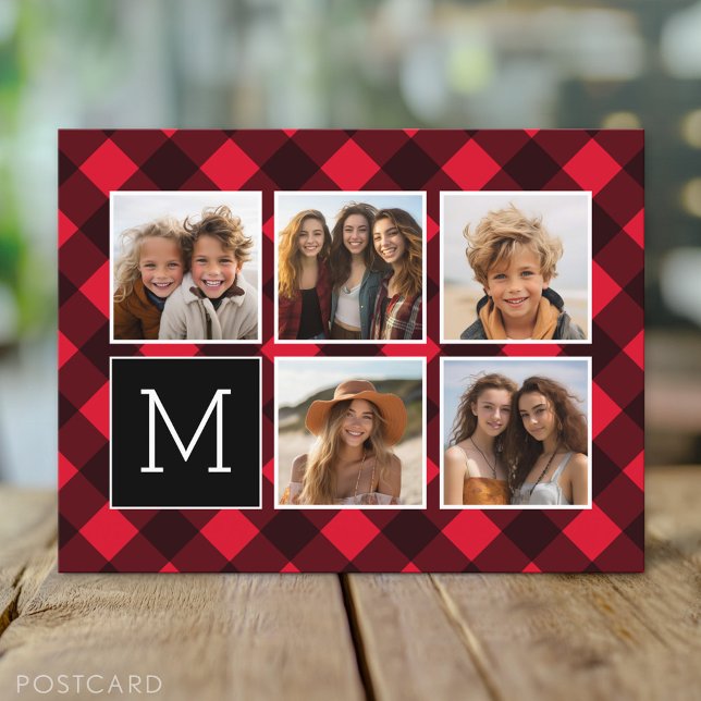 Carte Postale Photo Collage - Monogramme Rouge Buffle Noir Plaid (Custom Personalized Photo Collage Postcard)