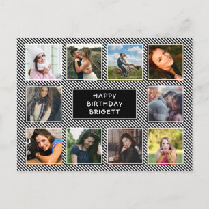 Carte Postale Photo Collage noir et blanc rayé Anniversaire