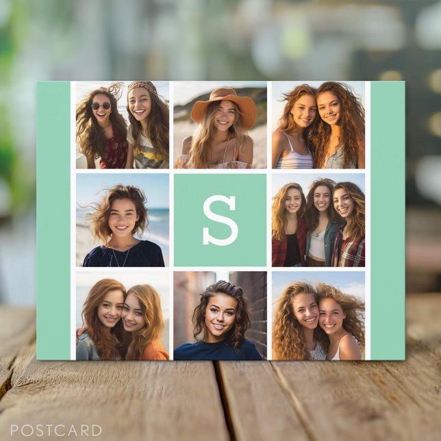 Carte Postale Photo Collage personnalisé Monogramme Mention vert (Custom Personalized Photo Collage Postcard)