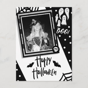 Carte Postale Photo crâne noir et blanc fantaisiste d'Halloween