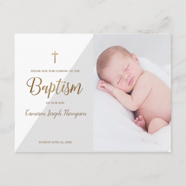 Carte Postale Photo de bébé gris moderne Baptême Merci (Devant)