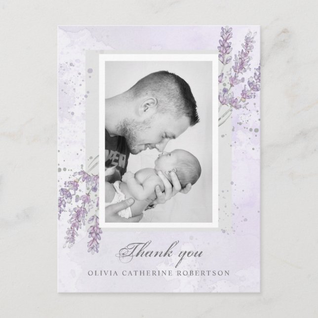 Carte Postale Photo de bébé merci annonce de naissance lavande P (Devant)