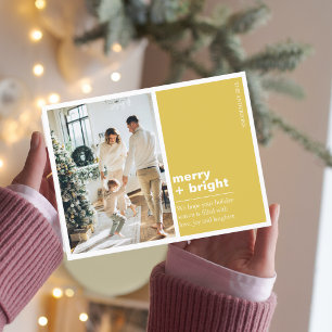 Carte Postale Photo de famille de Noël Jaune Joyeux + Lumineux