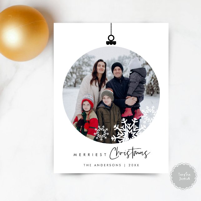 Carte Postale Photo de famille de Noël la plus joyeuse, Boule de (Merriest Christmas Family Photo, Season Greeting Wishes Ball Layover Postcard)
